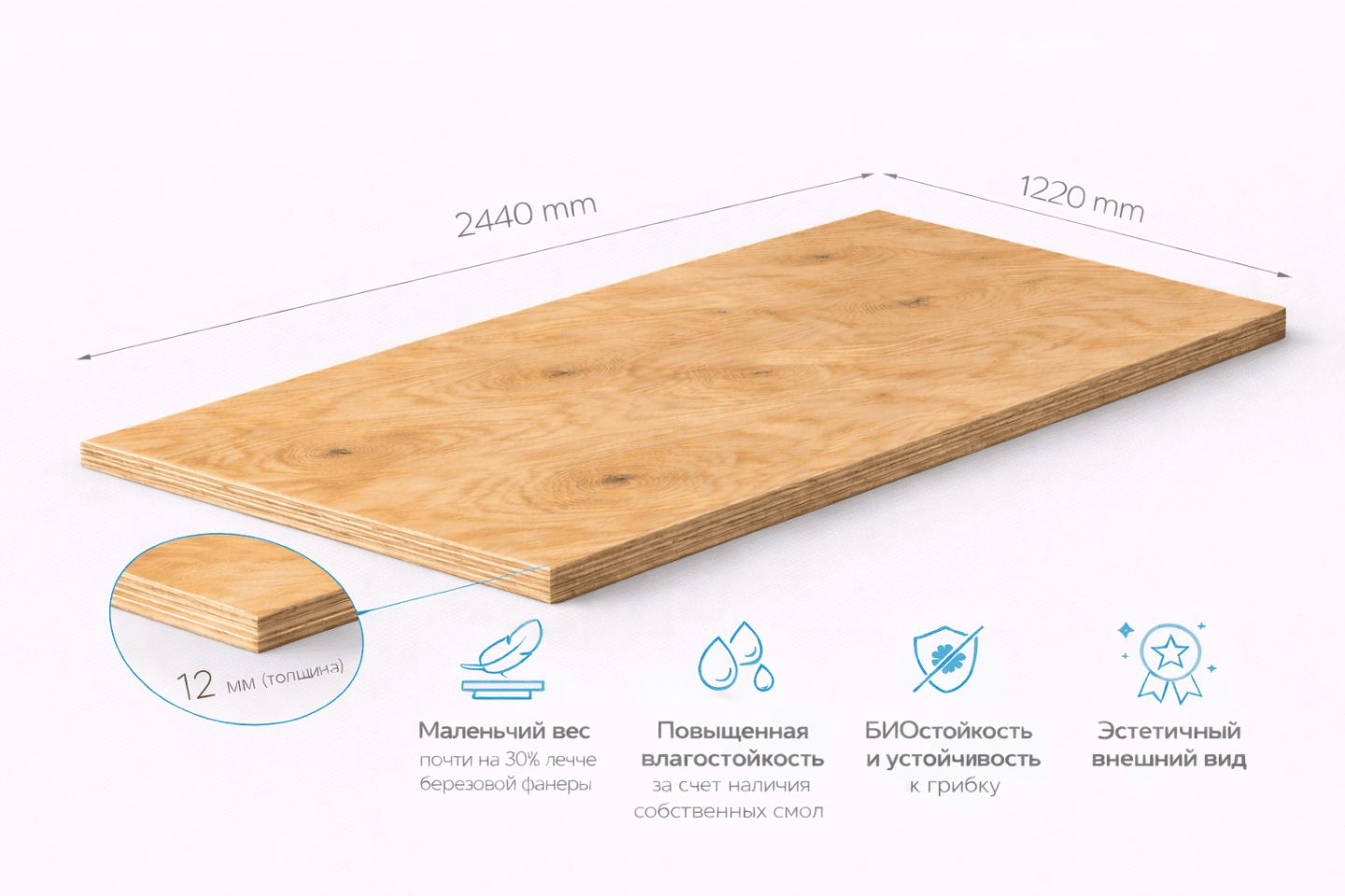 Фанера ФСФ 12мм 2440х1220 мм сорт 3/3 нешлифованная хвойная влагостойкая